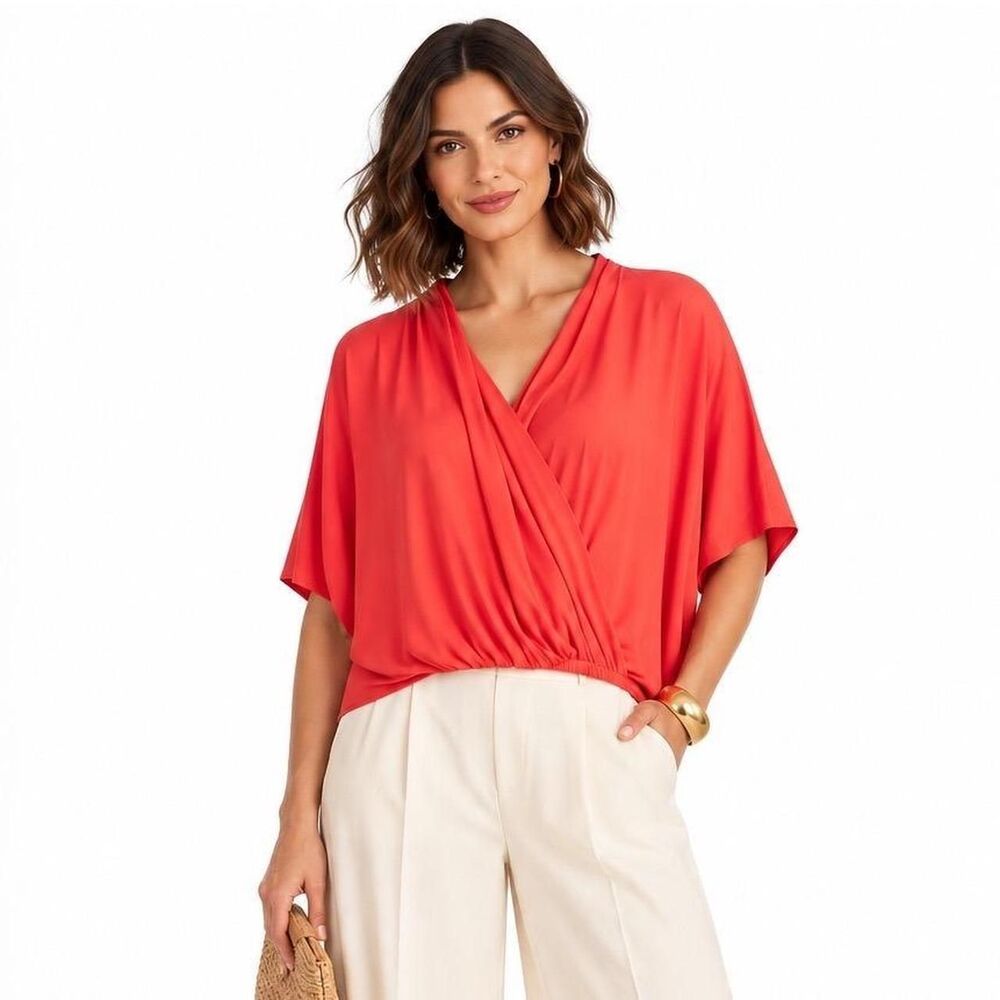 New Trina Turk Coral Red Wrap Front Dolman Sleeve Blouson Top M/L